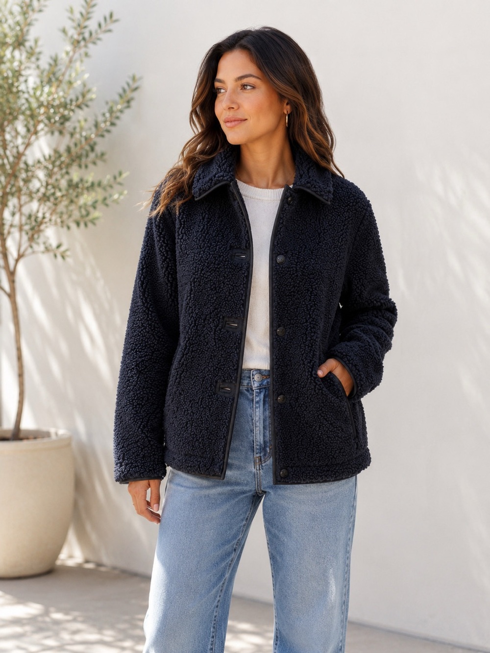 New J.Crew Sherpa Teddy Coat Navy/ Black womens Sz M